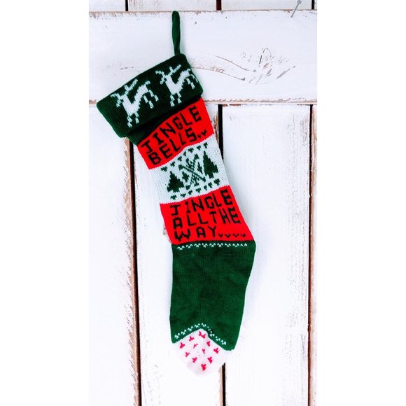 Vintage jingle bells woven knit Christmas stocking - Picture 2 of 3